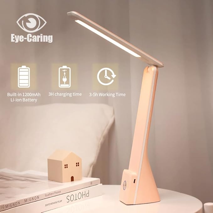 LED Desk Lamp (Pink), Cordless Lamp with 3 Lighting Modes, Rechargeable Reading Lamp with Adjustable Arm, Foldable Eye Caring Table Light for Home Office Study - LeafyLoom