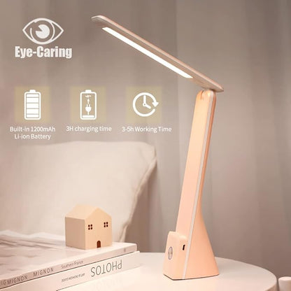 LED Desk Lamp (Pink), Cordless Lamp with 3 Lighting Modes, Rechargeable Reading Lamp with Adjustable Arm, Foldable Eye Caring Table Light for Home Office Study - LeafyLoom