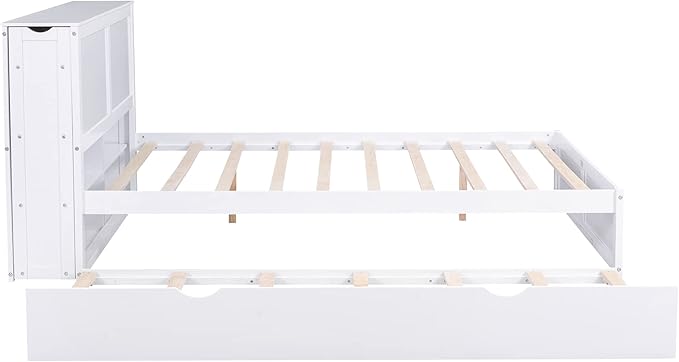 Storage Platform Bed Frame Queen with Pull Out Shelves and Twin XL Size Trundle, Wooden Platform Bed with Storage Headboard for Bedroom, No Box Spring Needed, Easy Assembly, White - LeafyLoom