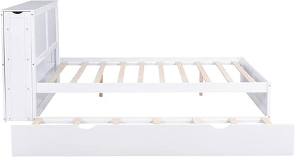 Storage Platform Bed Frame Queen with Pull Out Shelves and Twin XL Size Trundle, Wooden Platform Bed with Storage Headboard for Bedroom, No Box Spring Needed, Easy Assembly, White - LeafyLoom