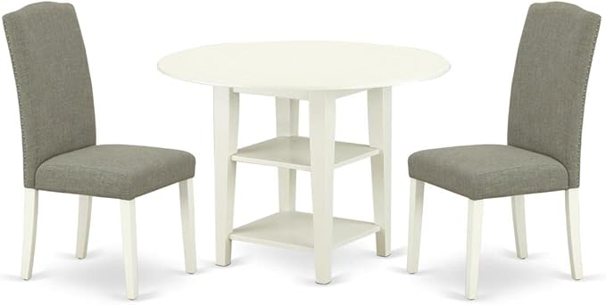 East West Furniture SUEN3-LWH-06 3 Piece Kitchen Table Set Contains a Round Dining Table with Dropleaf & Shelves and 2 Dark Shitake Linen Fabric Parson Chairs, 42x42 Inch, Linen White - LeafyLoom