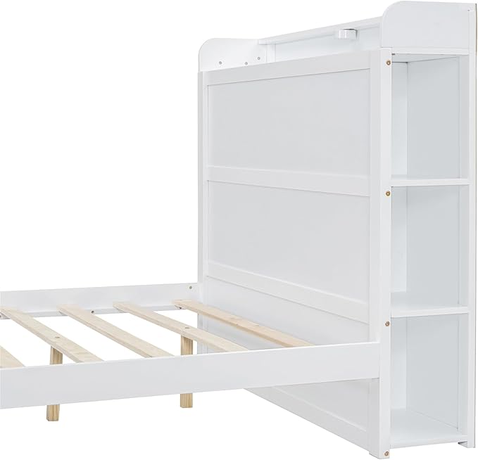 Merax Twin Size Platform Bed with Storage,Led Light and USB Ports,Kids Twin Bed Frame with Built-in Shelves and Cabinet,Kids Storage Bed Frames - LeafyLoom