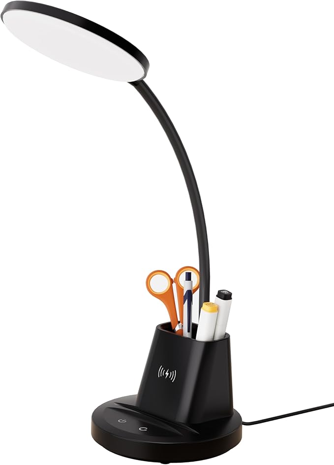 hansang LED Desk Lamp for Home Office with Wireless Charger, 3 Color Modes, Stepless Dimmable, Touch Control Black Study Lamp with Pen Holder for College Dorm Room, CRI 90, 800 Lumen, Adapter Included - LeafyLoom