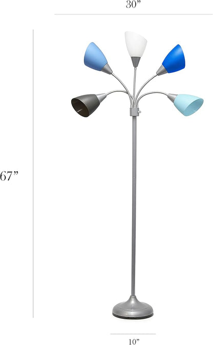 Simple Designs LF2006-SBG 67" Contemporary Multi Head Medusa 5 Light Adjustable Gooseneck Silver Floor Lamp with Blue, White, Gray Shades for Kids Bedroom Playroom Living Room Office - LeafyLoom