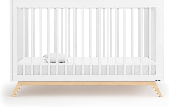 dadada Baby Soho 3-in-1 Convertible Crib – Made in Italy, GREENGUARD Gold, Adjustable Mattress Height, Solid Beechwood – Baby-Safe Finish, Modern Design 53.15 x 29.95 x 36.7 in (White + Natural) - LeafyLoom