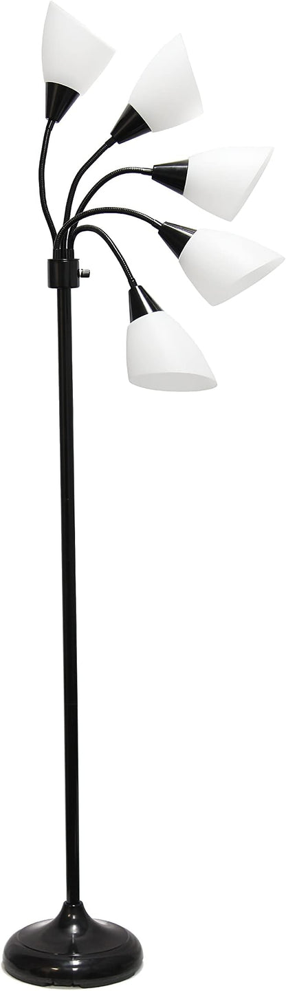 Simple Designs LF2006-BAW 67" Contemporary Multi Head Medusa 5 Light Adjustable Gooseneck Black Floor Lamp with White Shades for Kids Bedroom Playroom Living Room Office - LeafyLoom