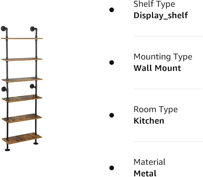 6-Tier Industrial Pipe Shelves Shelf Shelving Rustic Wood Metal Wrought Iron Ladder Bookcase Bookshelf Wall Mounted Mount DIY Loft Vintage Floating Hanging Storage Display (23.6x9.8x78.7”) - LeafyLoom