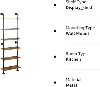 6-Tier Industrial Pipe Shelves Shelf Shelving Rustic Wood Metal Wrought Iron Ladder Bookcase Bookshelf Wall Mounted Mount DIY Loft Vintage Floating Hanging Storage Display (23.6x9.8x78.7”) - LeafyLoom