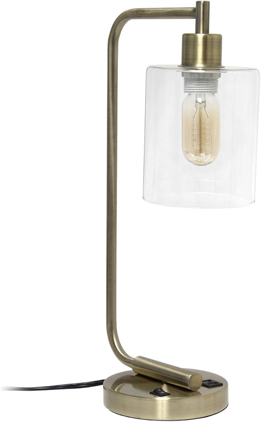 Simple Designs LD1066-ABS Bronson Antique Style Industrial Iron Lantern Desk Lamp with 2 Dual USB Ports and Glass Shade, Antique Brass - LeafyLoom