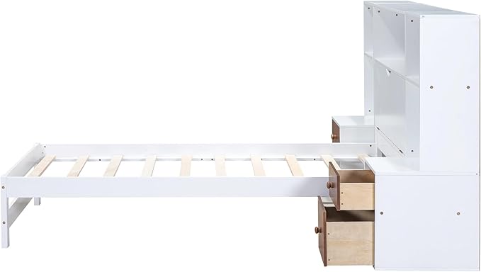 Merax Wood Bed Frame with Storage Headboard and Drawers, Twin Size Platform Bed with Nightstands, No Box Spring Needed White - LeafyLoom