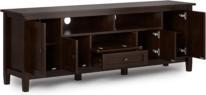 SIMPLIHOME Warm Shaker SOLID WOOD Universal TV Media Stand, 72 inch Wide, Transitional, Living Room Entertainment Center with Storage, for Flat Screen TVs up to 80 inches in Russet Brown - LeafyLoom