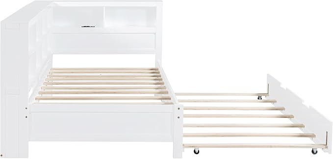 Wooden Twin Size DayBed with L-Shaped Bookcase Headboard and Trundle, Wood Twin Day Bed Frame with Storage Shelf and USB Charging Ports for Living Room Bedroom, White - LeafyLoom