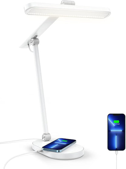 MOMAX LED Desk Lamp with 15W Wireless Charger, Eye-Caring Q.Led Table Lamp with Light Sensor, 1000 Lumens, 10W USB Port, Foldable & Rotatable, Desk Light for Home Office, Reading, Studying (White) - LeafyLoom