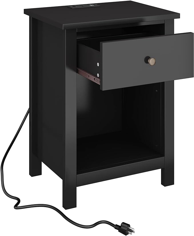 ChooChoo Nightstand with Charging Station, Wooden Top Bedside Table with Drawer and Storage Space for Bedroom, Black - LeafyLoom