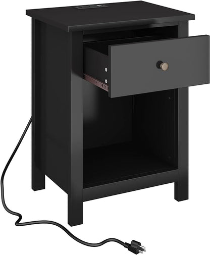 ChooChoo Nightstand with Charging Station, Wooden Top Bedside Table with Drawer and Storage Space for Bedroom, Black - LeafyLoom