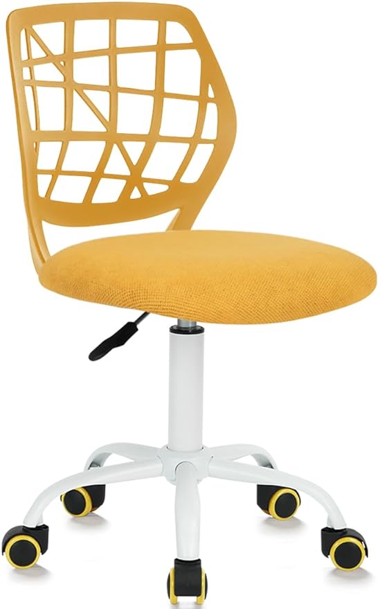 Kids Desk Chair, Fabric Office Chair Armless Small Mid Back Swivel Children Computer Task Chair Ergonomic Height Adjustable Study Chairs with Swivel Padded Cushion and Rolling Wheels, Yellow - LeafyLoom