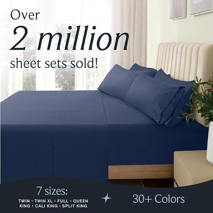 LuxClub 7 PC Split King Size Sheet Set Bed Sheets, Breathable Luxury Bed Sheets, Deep Pockets 18" Wrinkle Free Cooling Bed Sheets Machine Washable Hotel Bedding (Split King, Striped Navy) - LeafyLoom