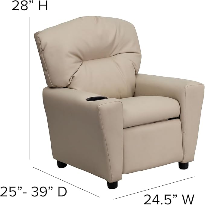 Flash Furniture Chandler Vinyl Kids Recliner with Cup Holder and Safety Recline, Contemporary Reclining Chair for Kids, Supports up to 90 lbs., Beige - LeafyLoom