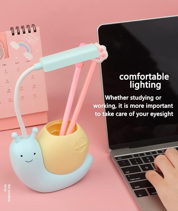 Cute Kids Lamp with Pen Holder,LED Desk Lamp for Child,Snail Shape USB Charging Student Learning Eye Protection Lamp with 360° Bendable Adjustable Neck Blue - LeafyLoom