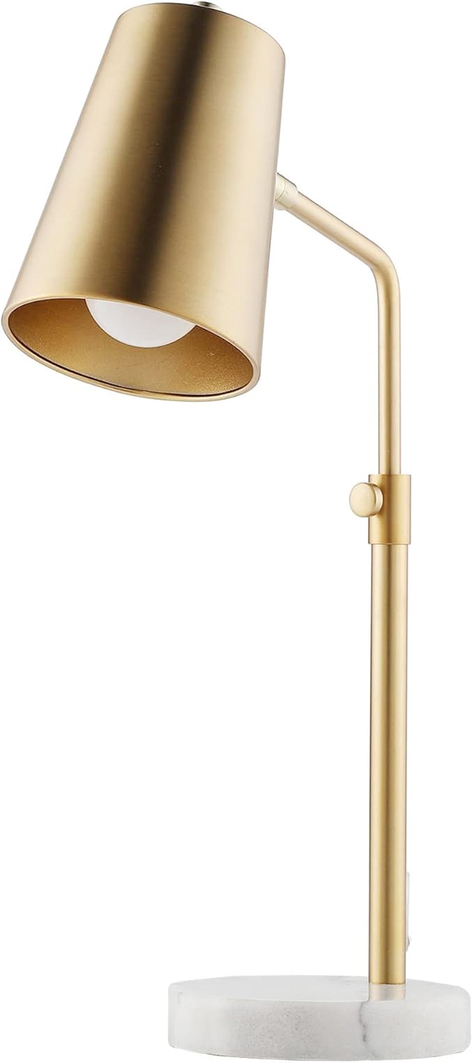 VONLUCE Work Lamp w/LED Bulb, Vintage Gold Desk Lamp w/Marble Base & Brass Lamp Shade, Mid Century Modern Reading Lamp for Office, 20" Industrial Table Task Lamp for Reading Bedroom Nightstands - LeafyLoom