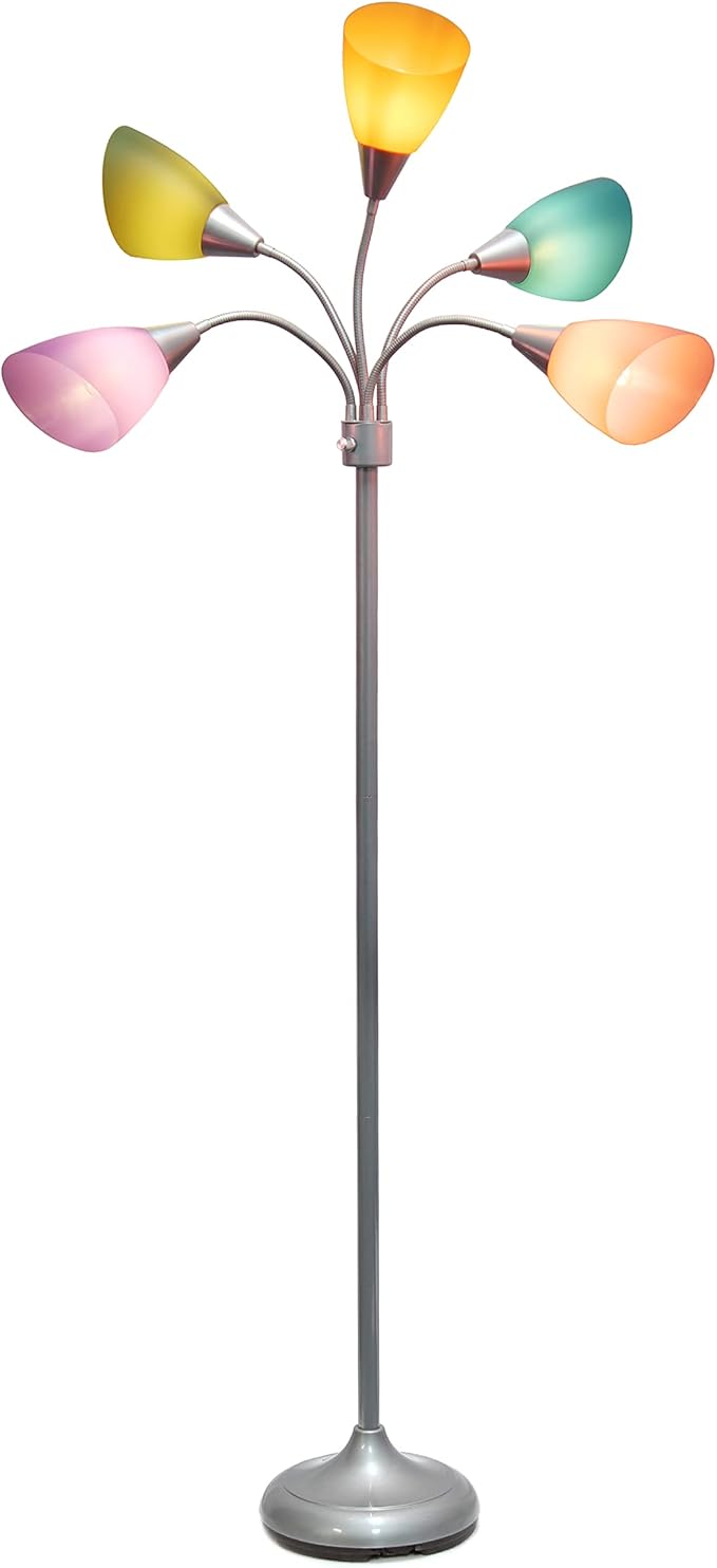 Simple Designs LF2006-SLM 67" Contemporary Multi Head Medusa 5 Light Adjustable Gooseneck Silver Floor Lamp with Fun Light Multicolored Shades for Kids Bedroom Playroom Living Room Office - LeafyLoom