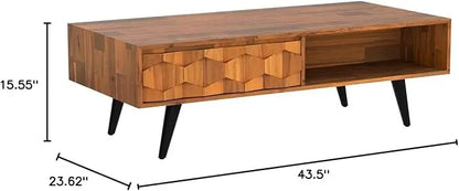 Bme Georgina Solid Wood Coffee Tables for Living Room, Coffee Table Mid Century Modern with 2 Symmetrical Storage Drawers & Geometric Details, Fully Assembled Center Table, Teak Brown - LeafyLoom