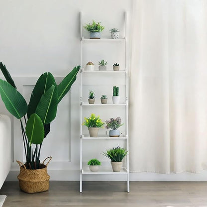 HYNAWIN Ladder Shelf 5-Tier Bookshelf –Bamboo Storage Rack Shelves Wall Leaning Shelf,White Freestanding Plant Flower Stand, Corner Display Bookcase - LeafyLoom