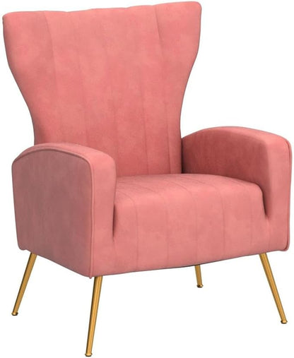 Armchair Modern Velvet Accent Chair, Channel Tufted Bedroom, Office or Living Room Furniture with Elegant Metal Legs, Rose - LeafyLoom