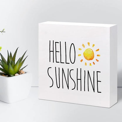 Hello Sunshine Wood Box Sign Decor Desk Sign,Farmhouse Rustic Summer Sunshine Wooden Box Block Sign for Home Office Shelf Table Decor Decorations - LeafyLoom