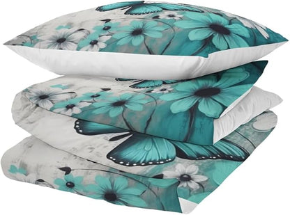 Butterfly Flowers Comforter Sets Queen Size, Vintage Floral Butterfly Kids Bedding Sets for girls Teens 3 Piece Bedroom Decor - LeafyLoom