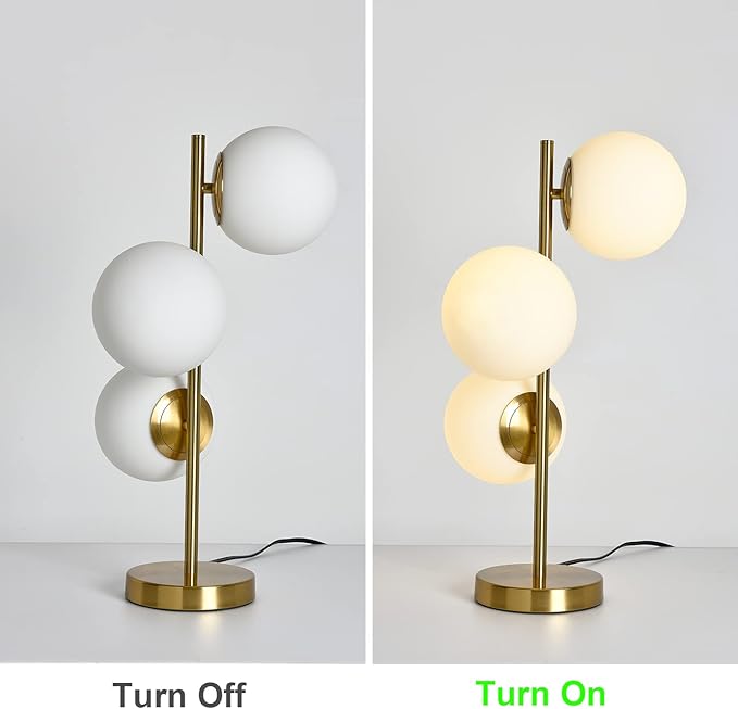 Mid Century Table Lamp, Modern 3 Lamp Gold Desk Lamp Retro with White Frosted Glass Lampshade Adjustable Brightness, Suitable for Desk Lamp Bedrooms, Living Rooms, Study, Library - LeafyLoom