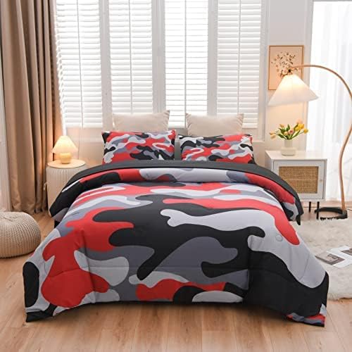 Meeting Story Camouflage Bedding Set, Colorful Pattern Style Comforter Set, 5 PCS One Comforter Two Pillowcases Two Sheets in One Bag, All Season Bedspread for Teens Adults (Red-Black,Queen5pcs - LeafyLoom