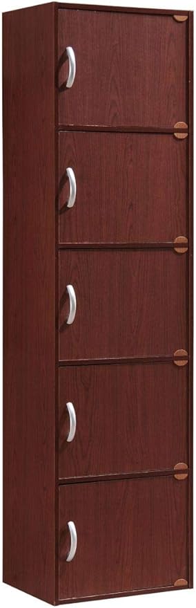 HODEDAH 5 Door Bookcase Cabinet, Mahogany - LeafyLoom