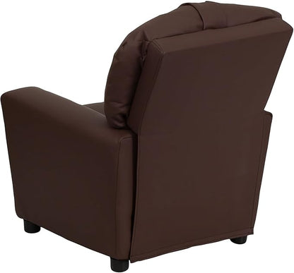 Flash Furniture Chandler LeatherSoft Kids Recliner with Cup Holder and Safety Recline, Contemporary Reclining Chair for Kids, Supports up to 90 lbs., Brown - LeafyLoom