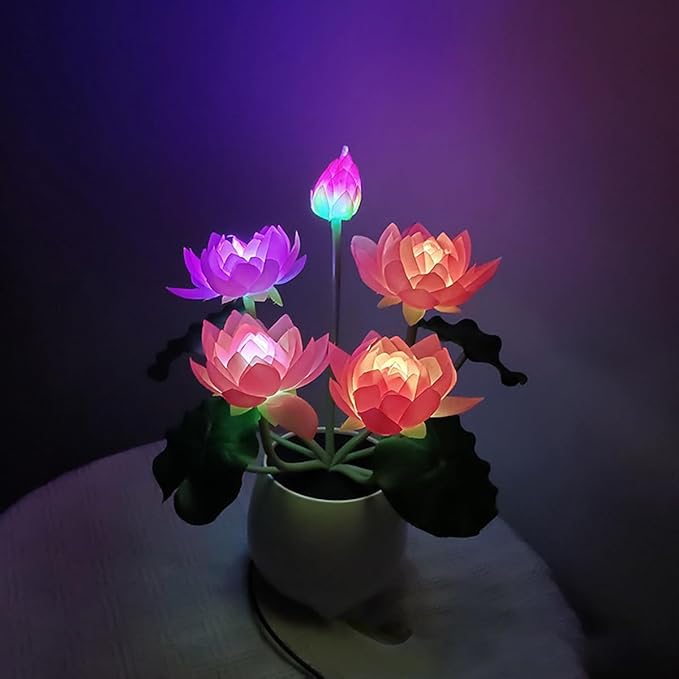 Colorful LED Lotus Flower Lamp Buddha Lamp for Cabinet Buddhist Altar - Artificial Lotus Flower Lamp for Home Living Room Desktop Decor (Colour Light) - LeafyLoom