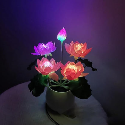 Colorful LED Lotus Flower Lamp Buddha Lamp for Cabinet Buddhist Altar - Artificial Lotus Flower Lamp for Home Living Room Desktop Decor (Colour Light) - LeafyLoom