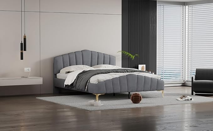 RITSU Queen Size Velvet Platform Bed with Thick Fabric, Solid Wood Bedframe Stylish Stripe Decorated Bedboard and Golden Metal Beds Leg, for BedRoom, Children's bedroom, Gray - LeafyLoom