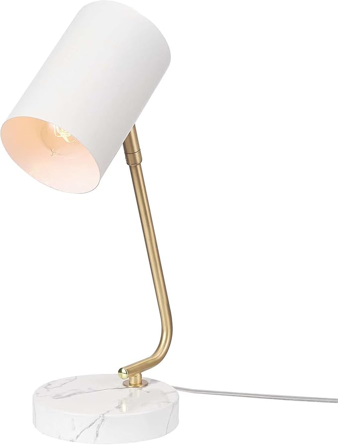 Globe Electric Novogratz x 65784 Athena 15" Desk Lamp, White Shade, Brass Arm, White Faux Marble Base - LeafyLoom