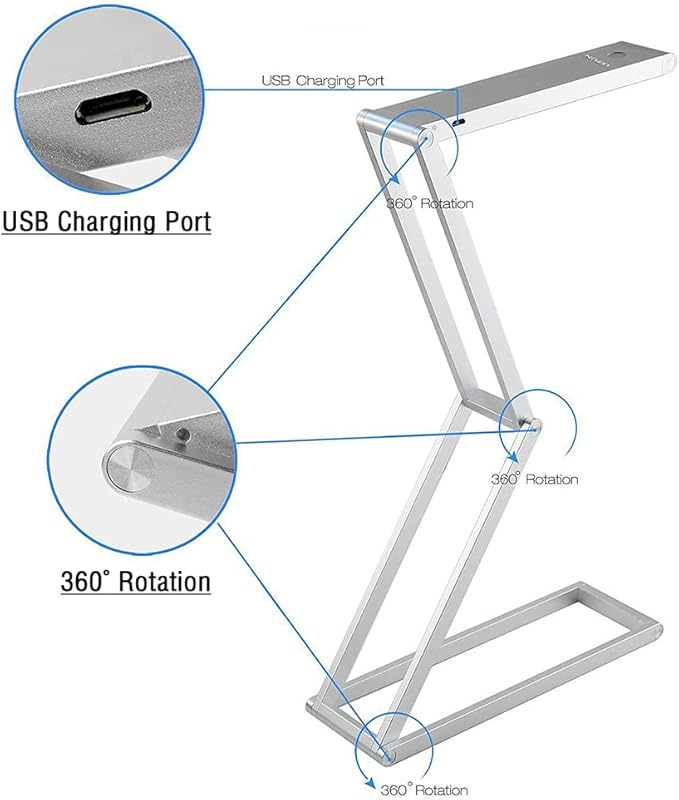 Foldable LED Desk Light, Slim Portable Rechargeable USB Table Light, Eye-Caring Aluminium Alloy Table Lamps,for Home, Reading, Studying, Work, Travel (Silver) - LeafyLoom