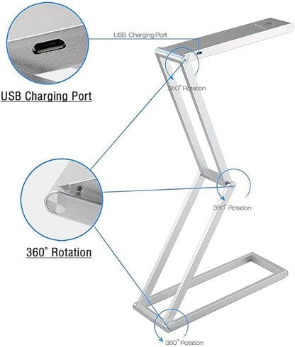 Foldable LED Desk Light, Slim Portable Rechargeable USB Table Light, Eye-Caring Aluminium Alloy Table Lamps,for Home, Reading, Studying, Work, Travel (Silver) - LeafyLoom