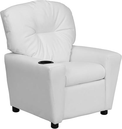 Flash Furniture Chandler Vinyl Kids Recliner with Cup Holder and Safety Recline, Contemporary Reclining Chair for Kids, Supports up to 90 lbs., White - LeafyLoom