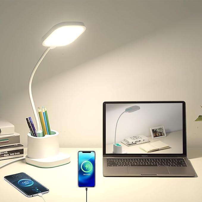 Desk Lamp, LED Desk Lamp for Home Office, Dimmable Desk Light Lamp for Office Reading, Battery Operated Tall Desk Lamp with USB Powered, Desklamp' with 360° Flexible Adjustable, Desktop Lamp Light - LeafyLoom