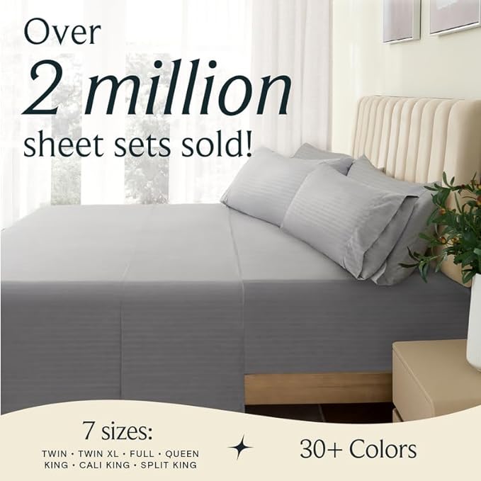 LuxClub 6 PC King Size Sheet Set Bed Sheets, Breathable Luxury Bed Sheets, Deep Pockets 18" Wrinkle Free Cooling Bed Sheets Machine Washable Hotel Bedding (King, Striped Light Grey) - LeafyLoom