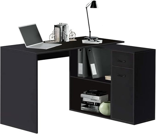 L-Shaped Rotating Computer Desk with Storage Shelves 68 inch Home Office Desk Corner with Drawers and File Cabinet Multipurpose Study Writing Table for Bedroom Small Space Black - LeafyLoom