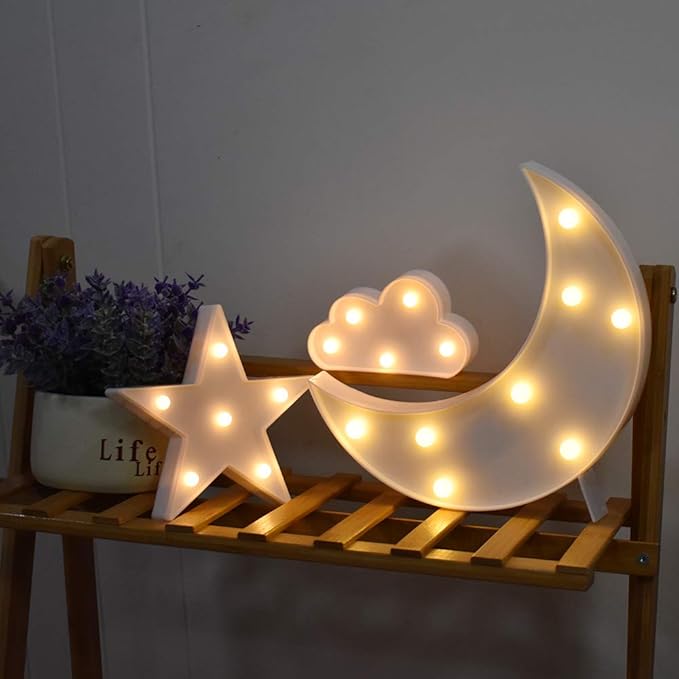 GUOCHENG Lovely White Moon Star Cloud Light Set Battery Operated LED Marquee Light Sign Warm White Bedside Lamps for Kids Children Bedroom Nursery, Baby Standing Night Light - LeafyLoom