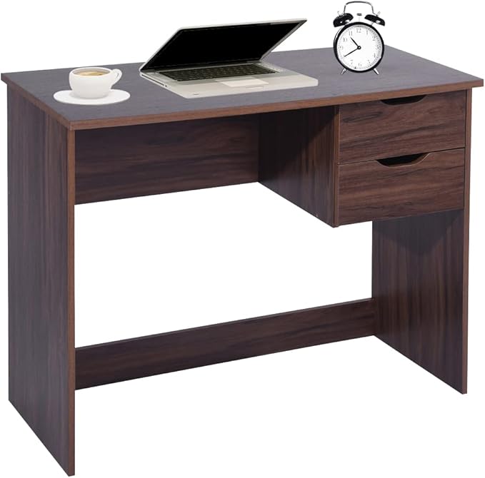 Home Office Computer Desk, 35.4" Small Study Writing Table, with Storage Drawers, Modern Teen Student Adult PC Table Desk, Walnut - LeafyLoom