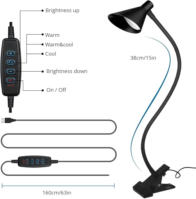 Semlos LED Reading Light, Clamp Lamp 3 Color Modes 5 Brightness, Clip Ligh for Desk Bedside Table, 5W USB Powered, Flexible Arm(Black) - LeafyLoom