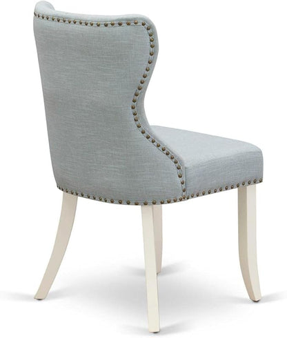 East West Furniture SIP2T15 Sion Parson Kitchen Button Tufted Nailhead Trim Baby Blue Fabric Upholstered Dining Chairs, Set of 2, Linen White - LeafyLoom