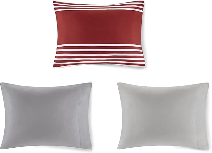 Comfort Spaces Twin Comforter Sets with Sheets - Bed in a Bag 6 Pieces Teen Bedding Sets Twin, Red and Grey Stripes Bedding Twin, College Twin Bed Set with 2 Side Pockets Bedroom Organizer - LeafyLoom