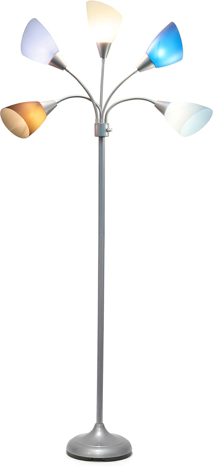 Simple Designs LF2006-SBG 67" Contemporary Multi Head Medusa 5 Light Adjustable Gooseneck Silver Floor Lamp with Blue, White, Gray Shades for Kids Bedroom Playroom Living Room Office - LeafyLoom